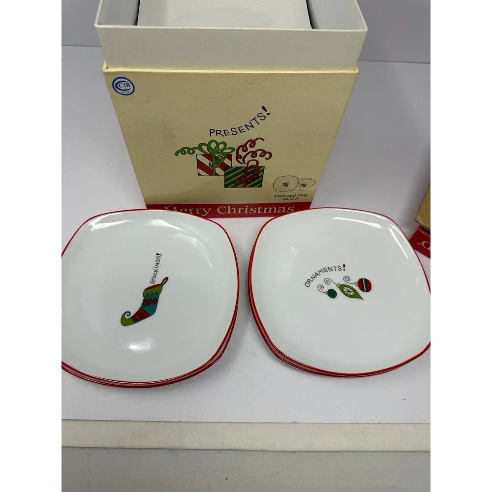 Fitz and Floyd Gift Set, Merry Christmas, 8 Piece (4 Mugs, 4 Plates) 2006